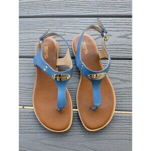 MICHAEL KORS MK Plate Thong Flat Sandals Womens 7 Blue Leather Goldtone Coastal
